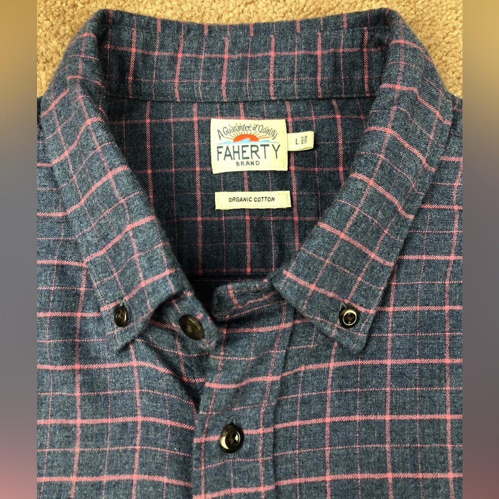 Faherty Blue & Red Plaid Flannel Shirt Size Large